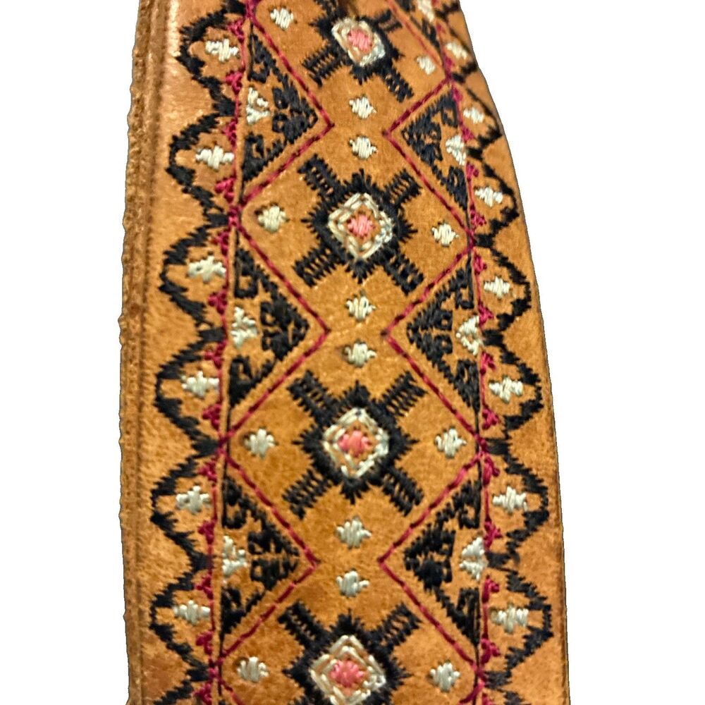 Lucky Brand Belt Womens Brown Embroidered Floral Leather Brass Buckle Size M - Picture 4 of 8
